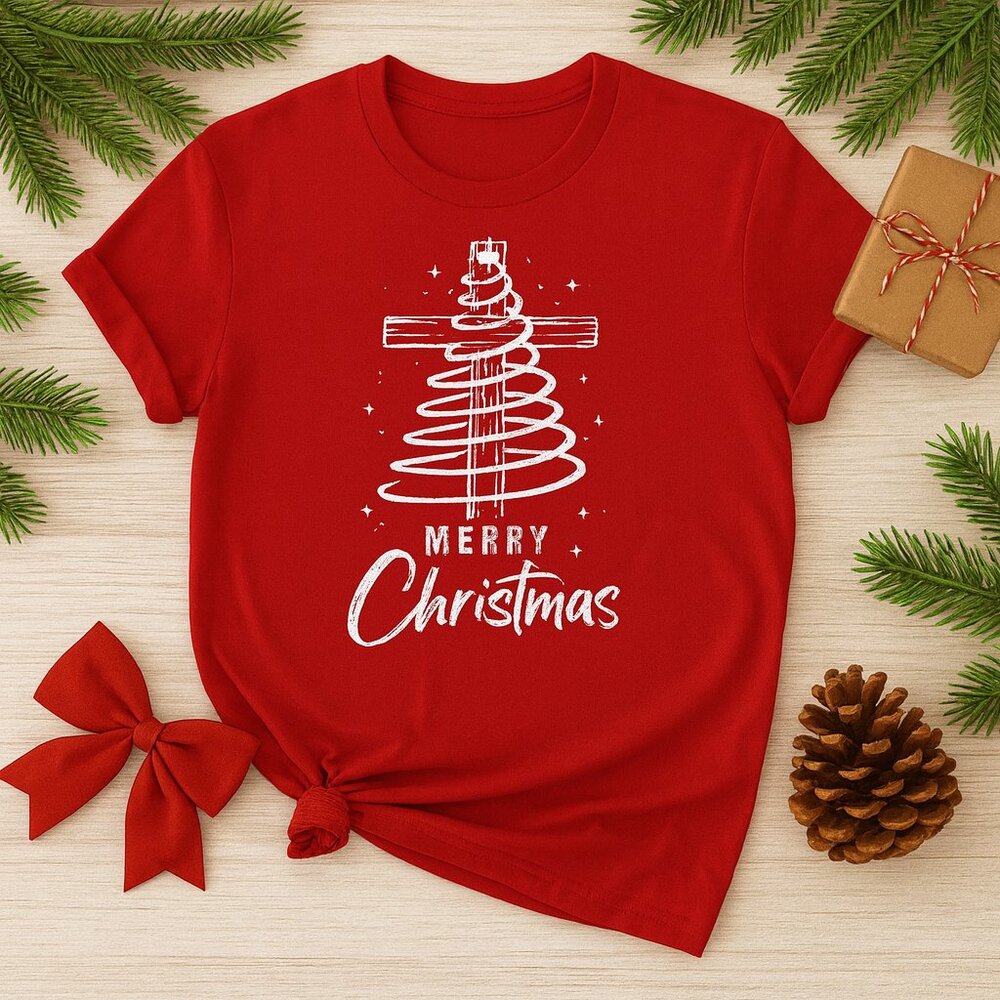 🎄✨ Merry Christmas Cross Tree Tee – Faith Christmas Shirt – Holiday Graphic Tee